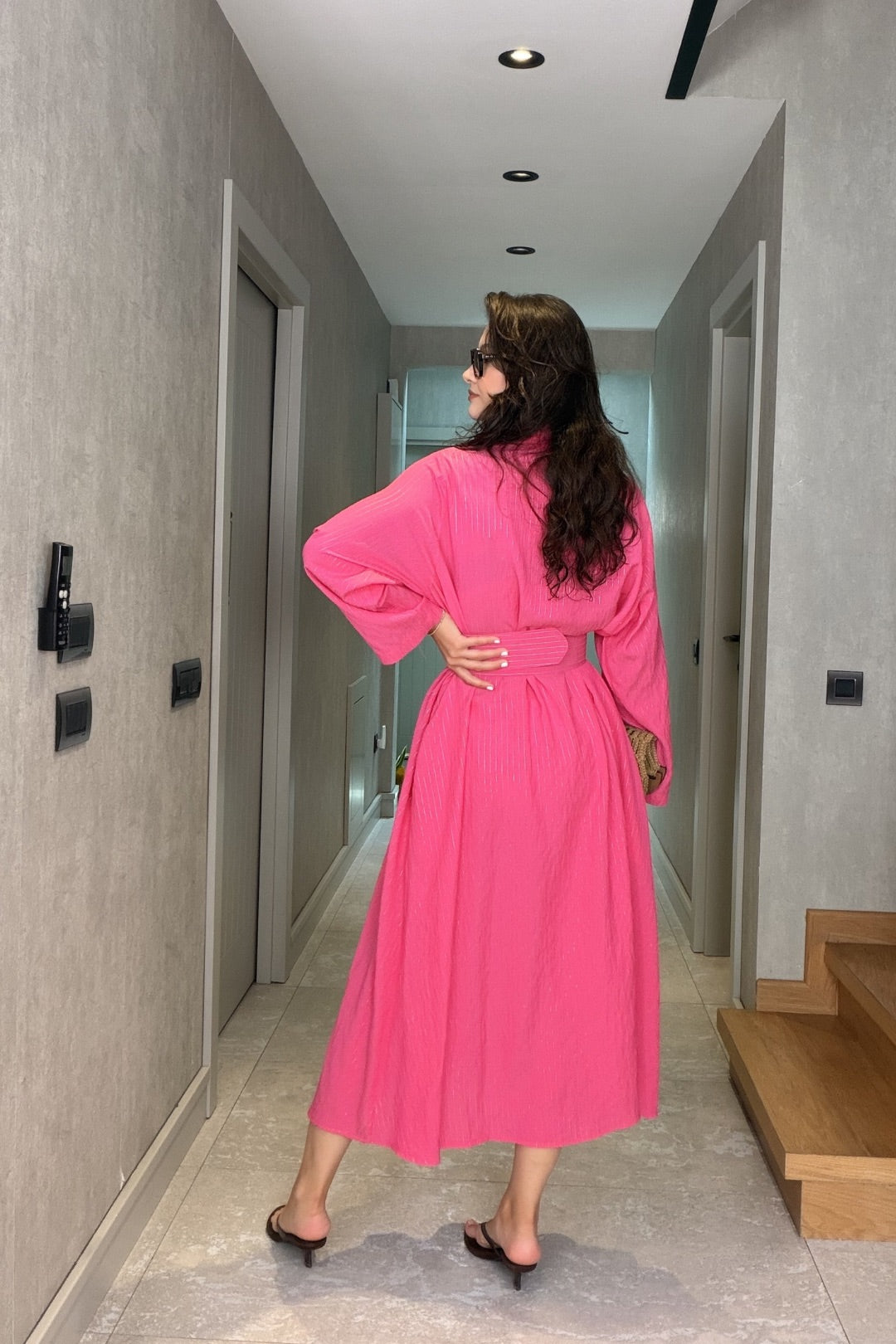 Pembe Çizgili İthal Maxi Elbise