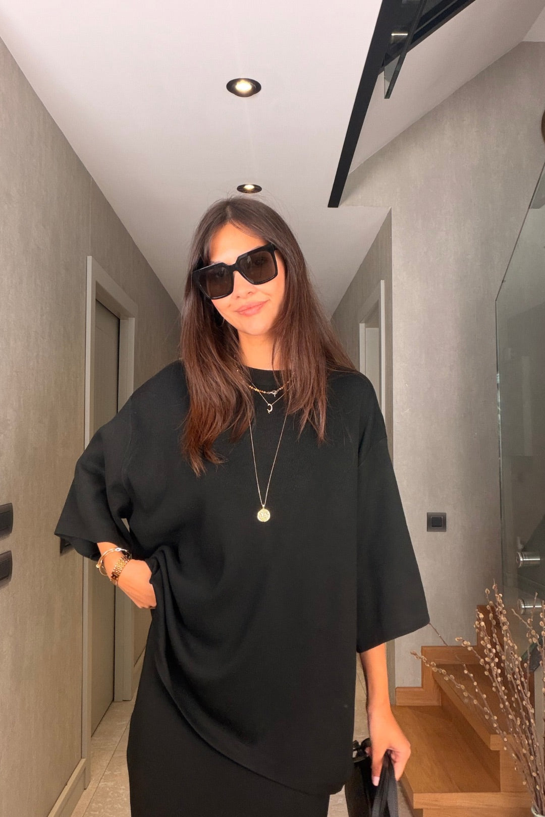 Siyah Oversize Triko Kazak Midi Etek Takım
