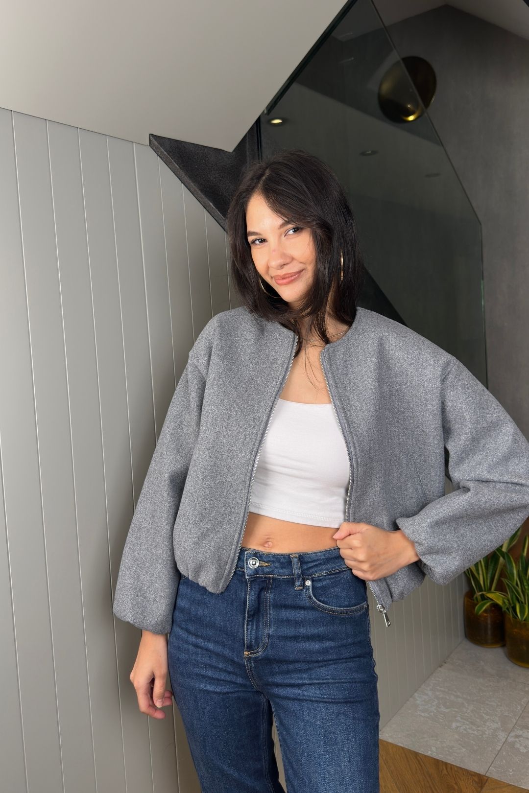 Gri Bomber Kaşe Ceket