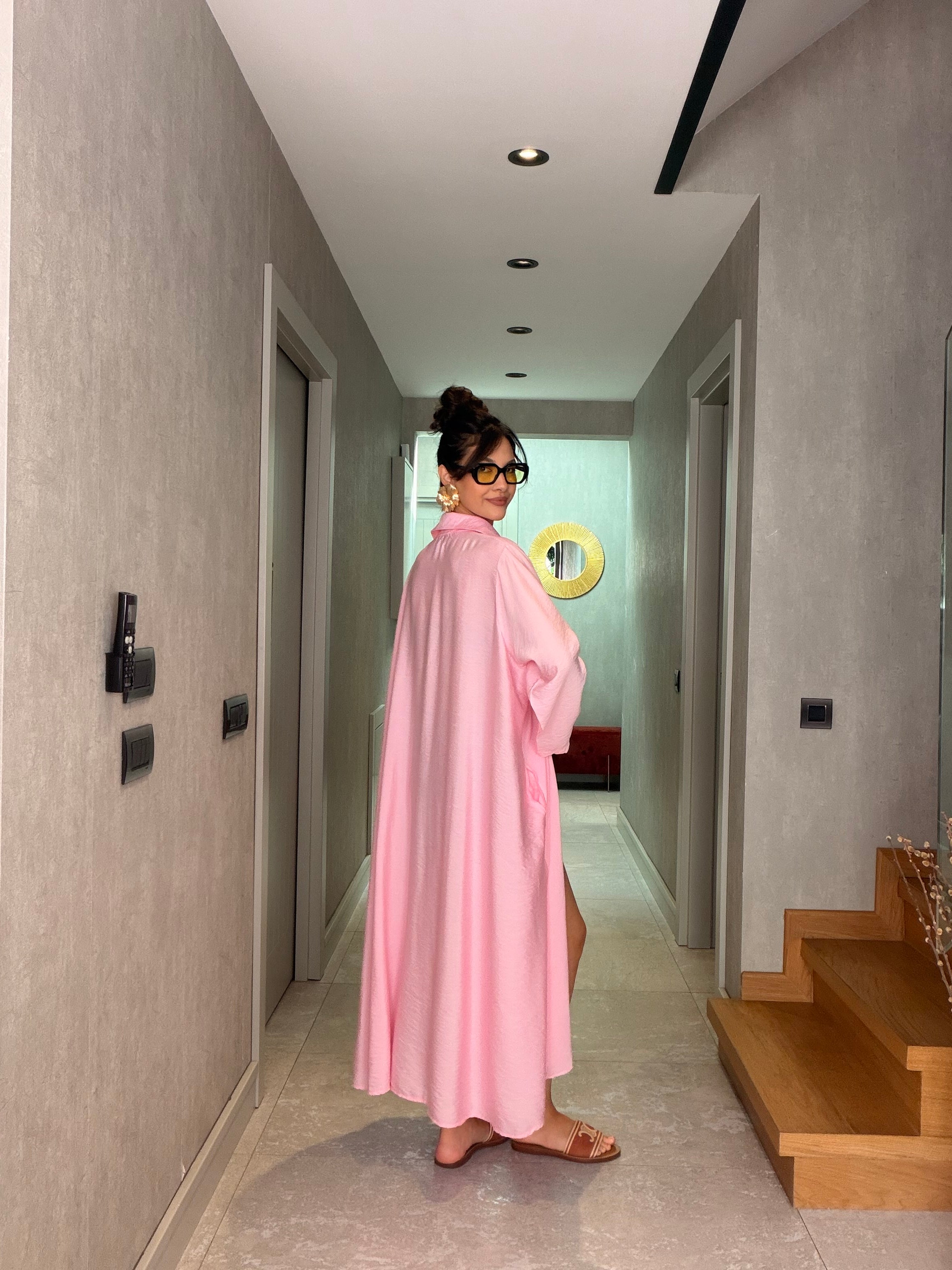 Pembe Çizgili İthal Maxi Elbise