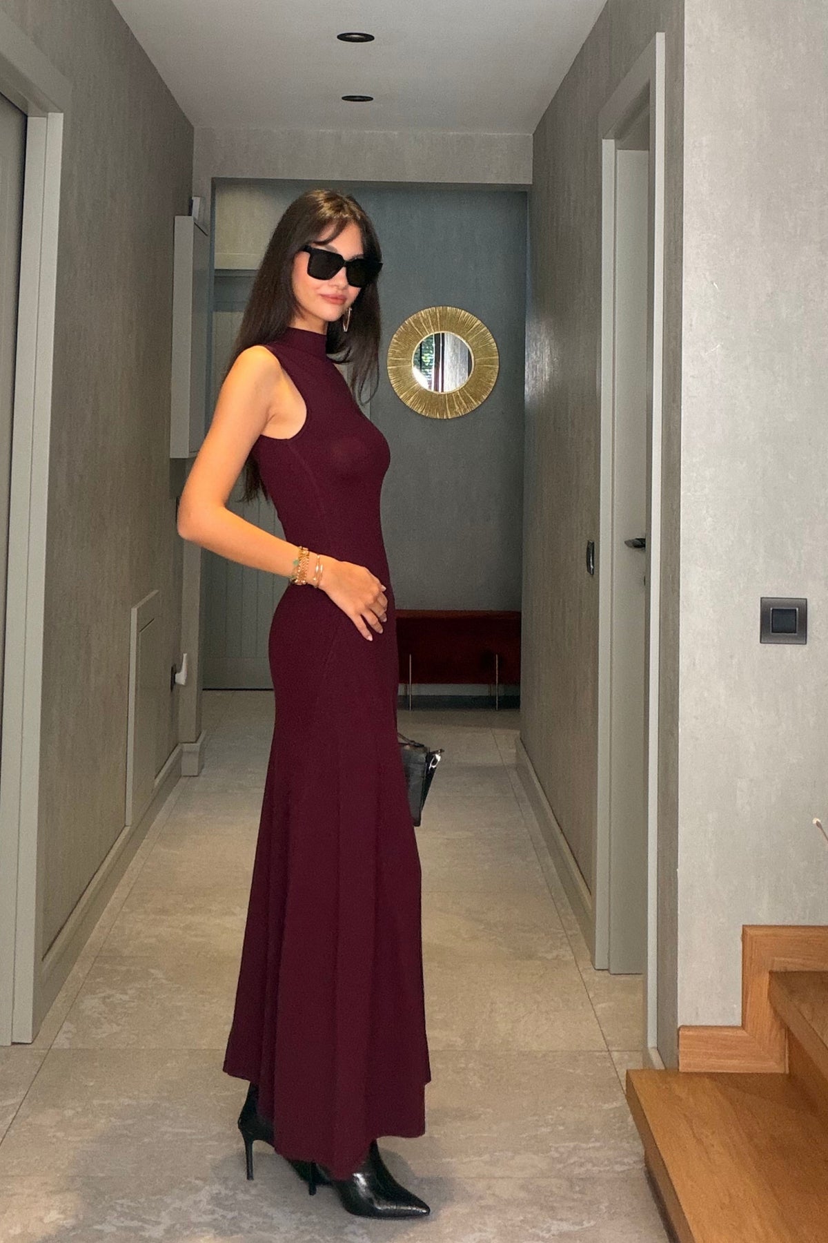 Bordo Kolsuz Yarım Balıkçı Maxi Triko Elbise