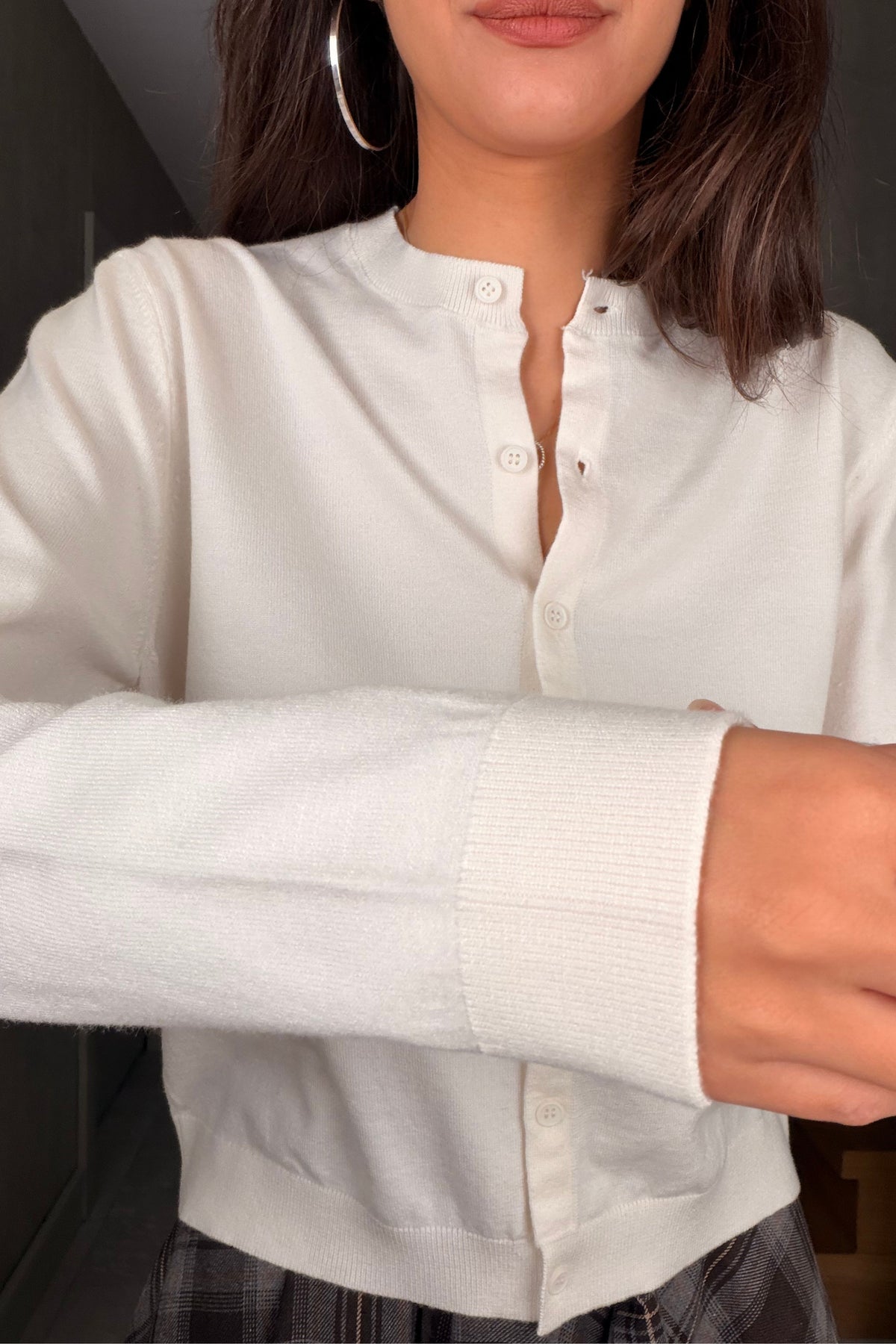 Ekru Düğmeli Basic Triko Hırka