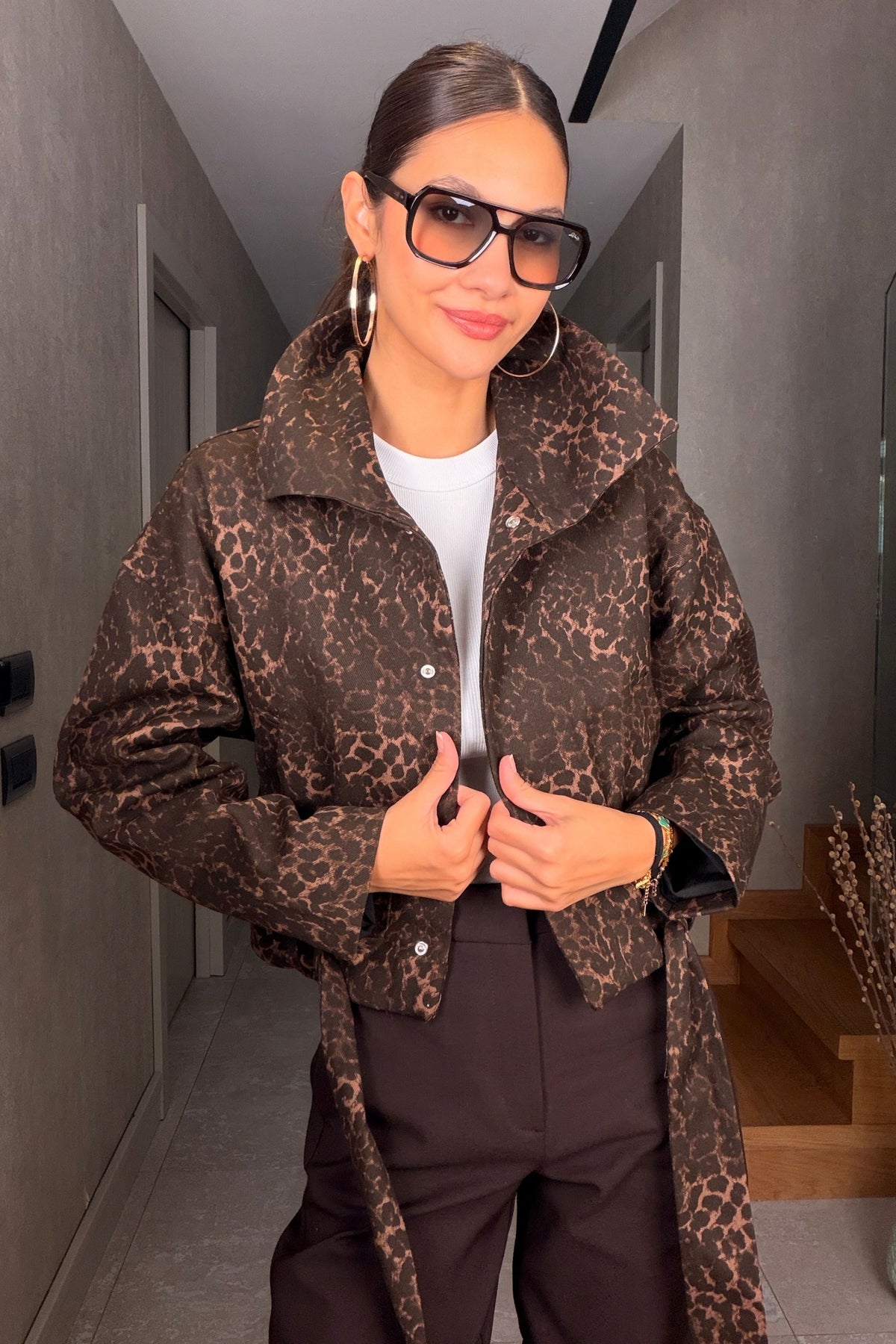 Leopar Desen Gabardin Ceket