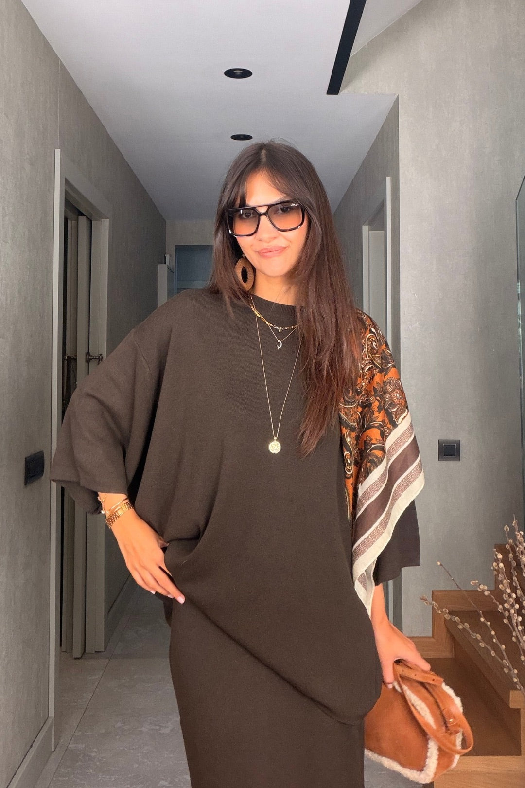 Kahverengi Oversize Triko Kazak Midi Etek Takım