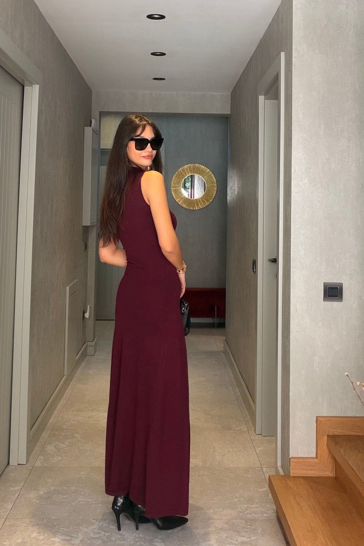 Bordo Kolsuz Yarım Balıkçı Maxi Triko Elbise