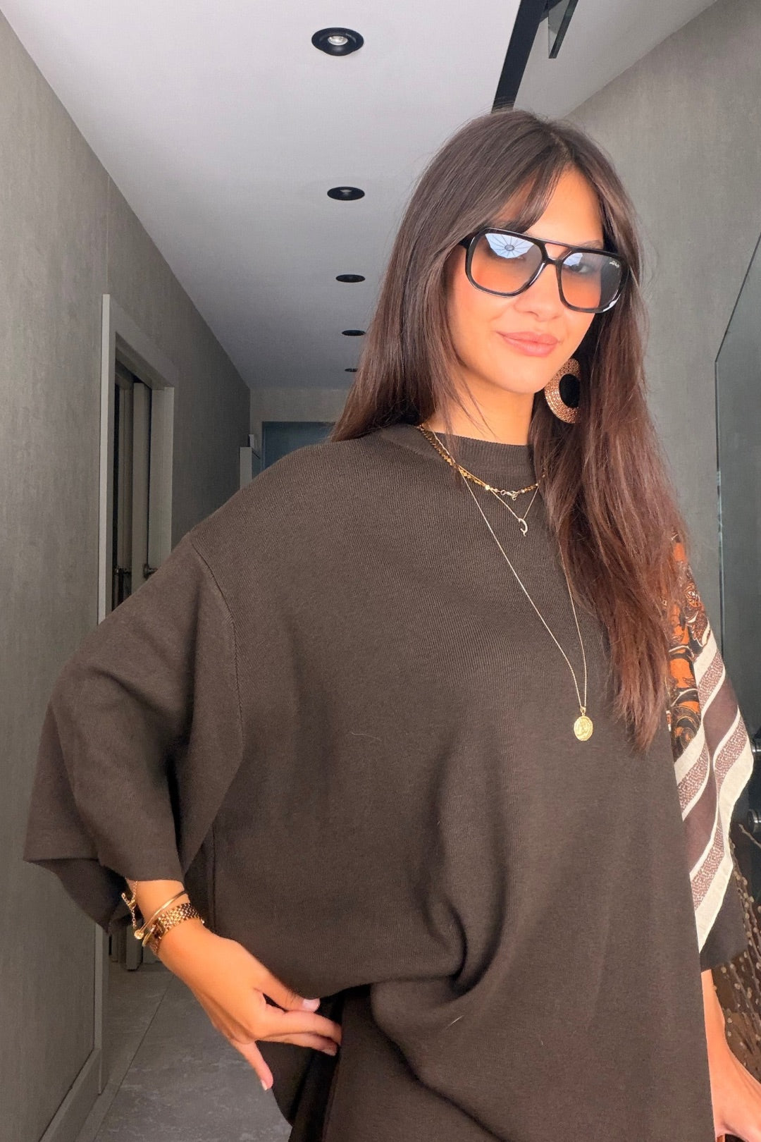 Kahverengi Oversize Triko Kazak Midi Etek Takım