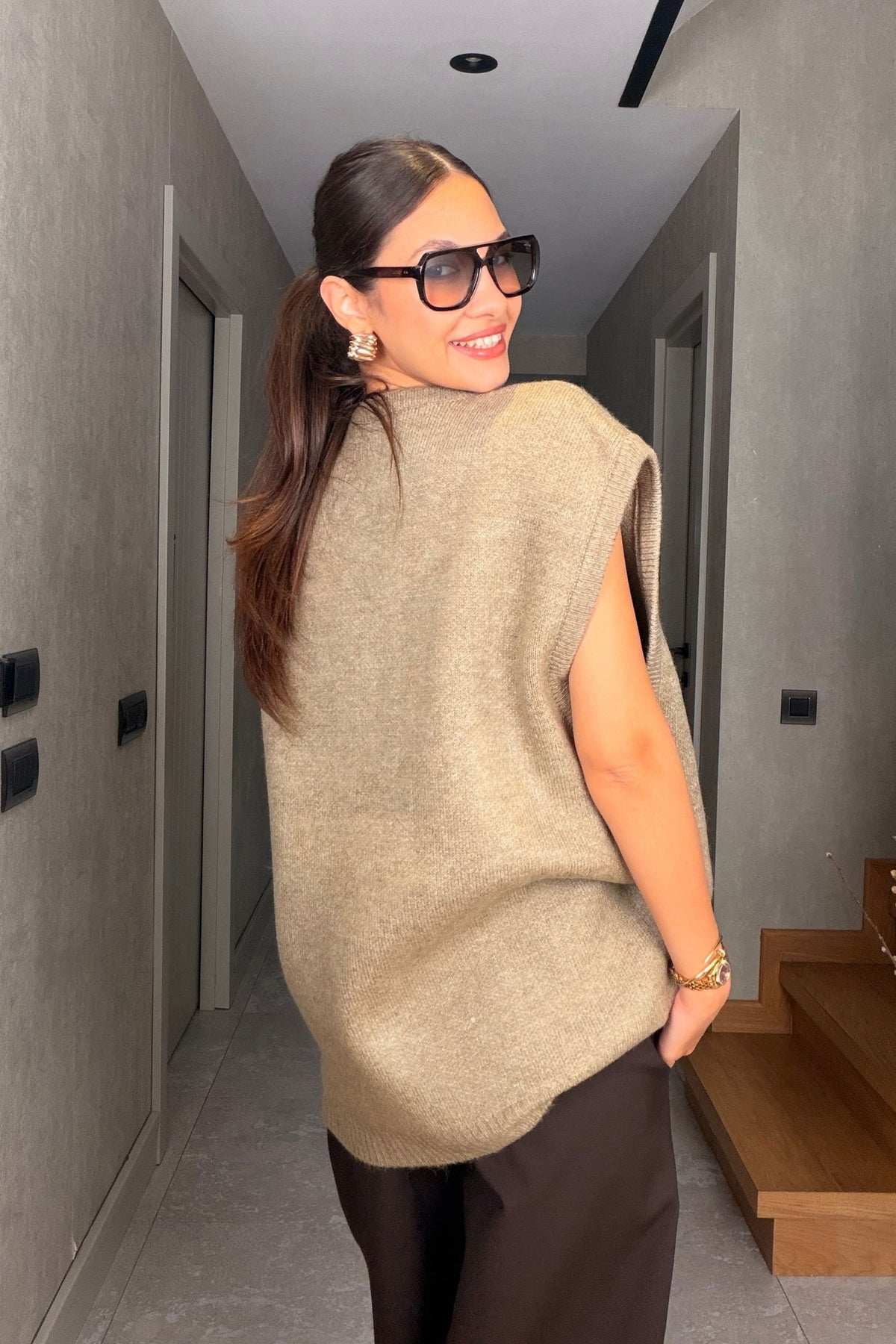 Yeşil Düğmeli Oversize Triko Yelek