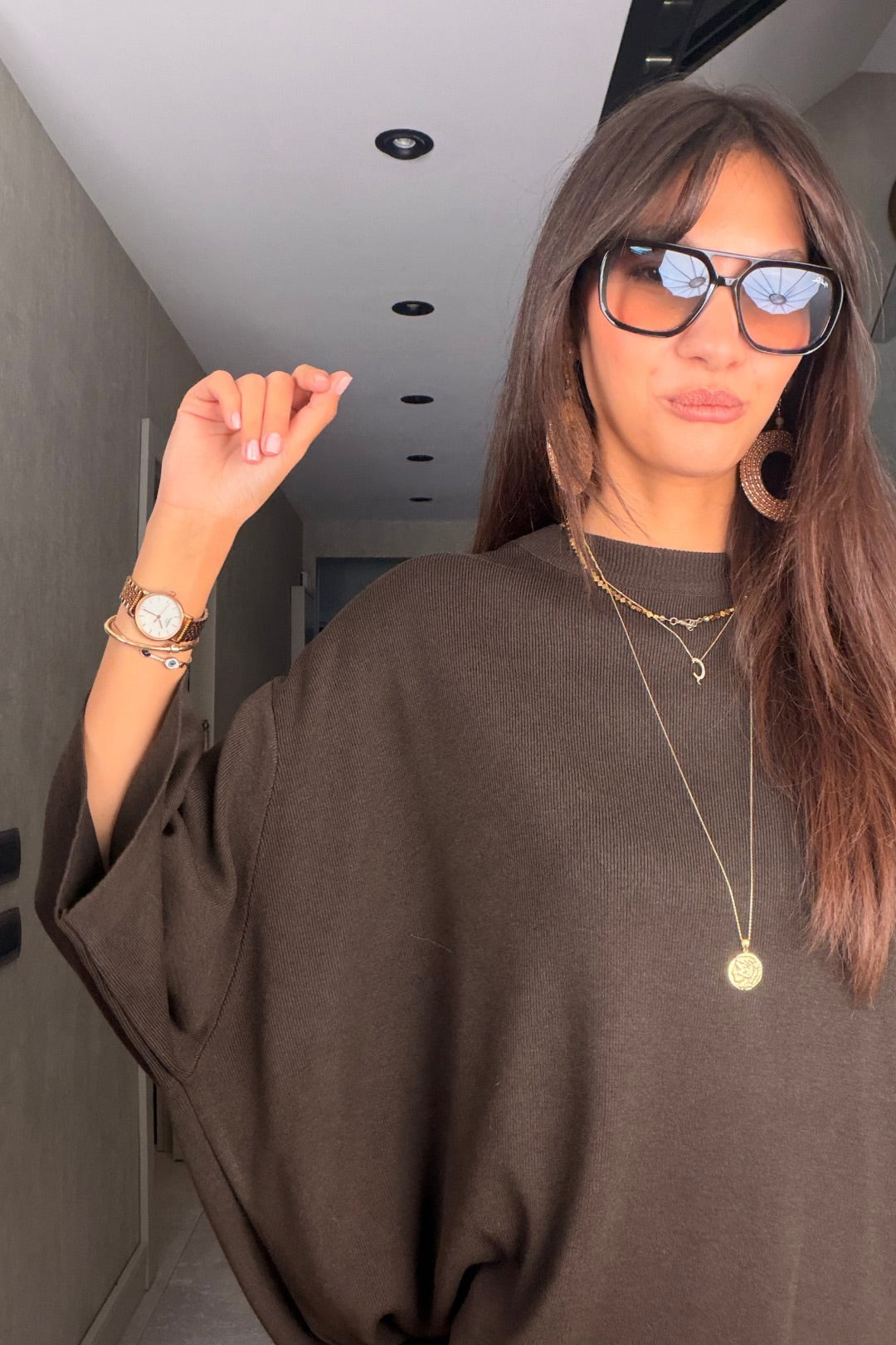 Kahverengi Oversize Triko Kazak Midi Etek Takım