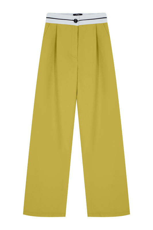 Yağ Yeşili Kontrast  Kumaş Detaylı Crop Pantolon Takım