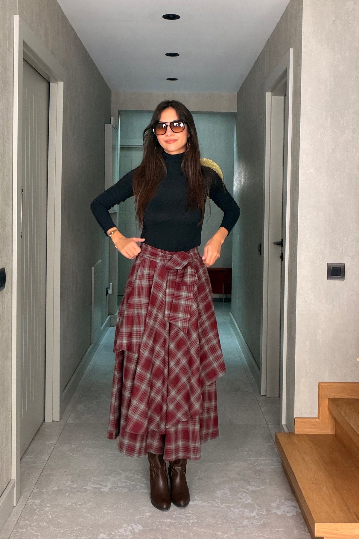 Bordo Ekose Pantolon Etek