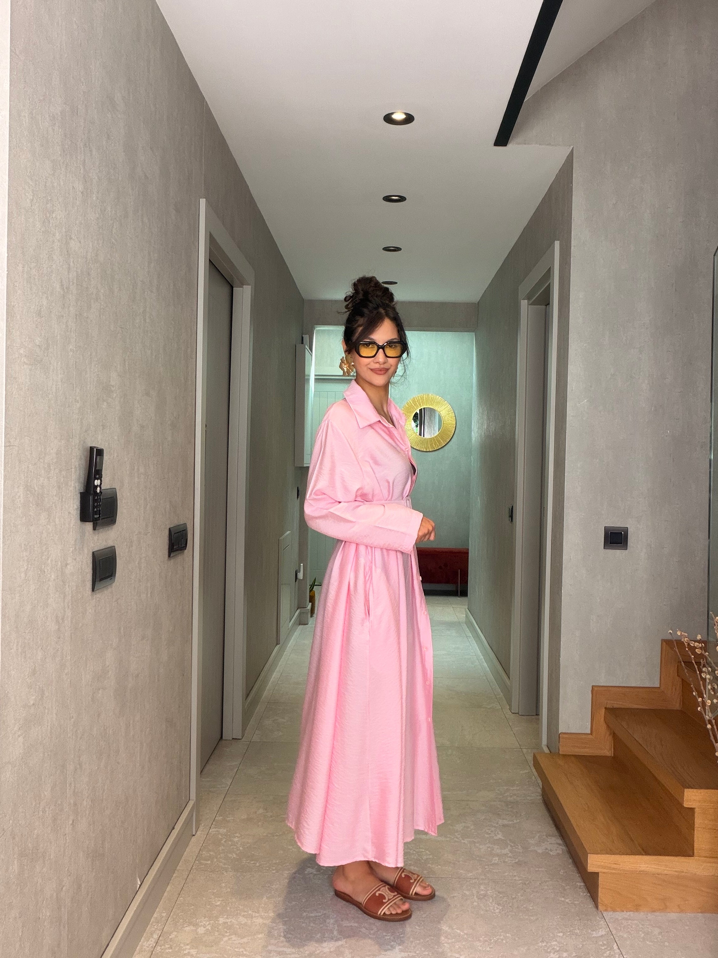 Pembe Çizgili İthal Maxi Elbise