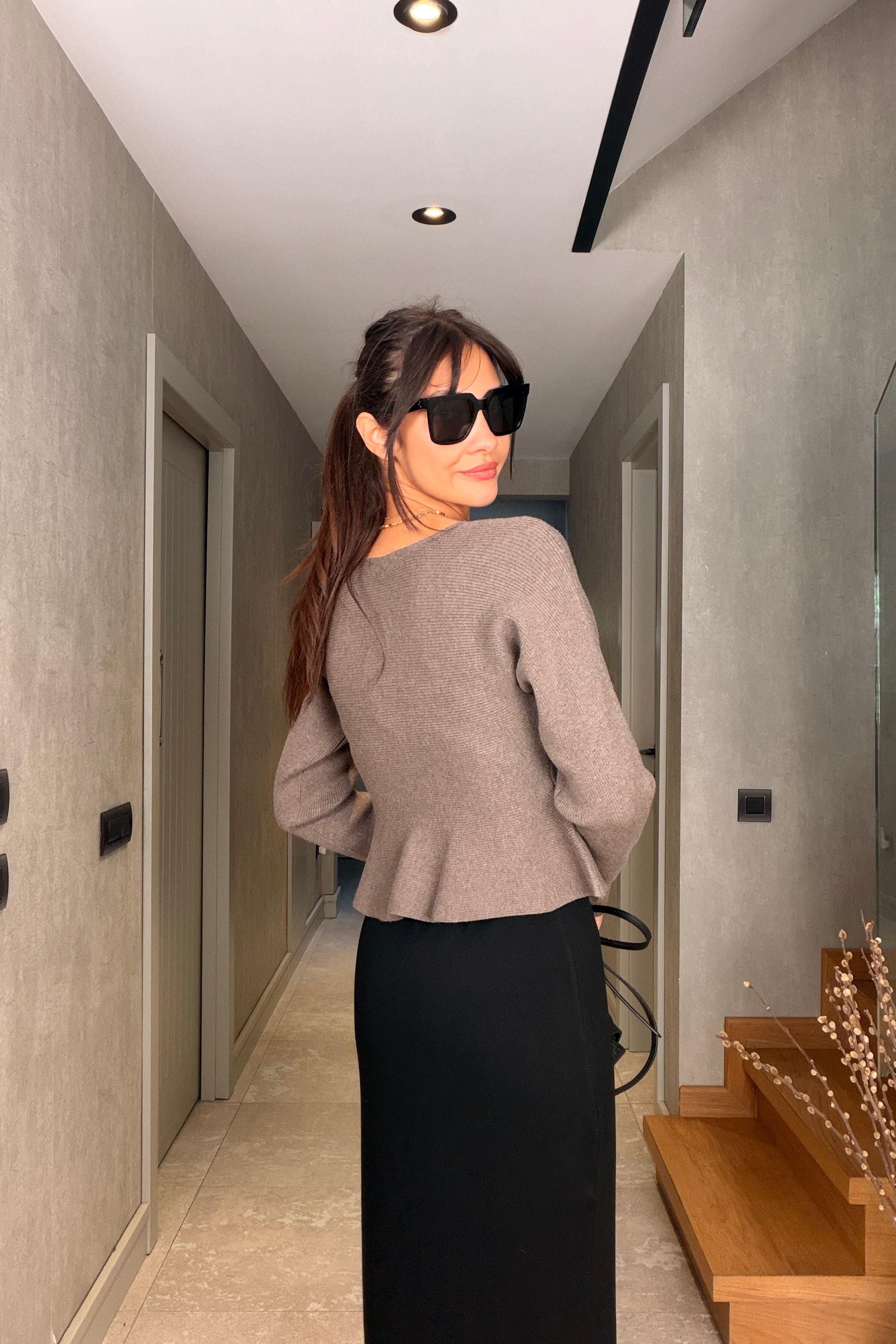 Vizon Volanlı Fitilli Crop Triko Kazak