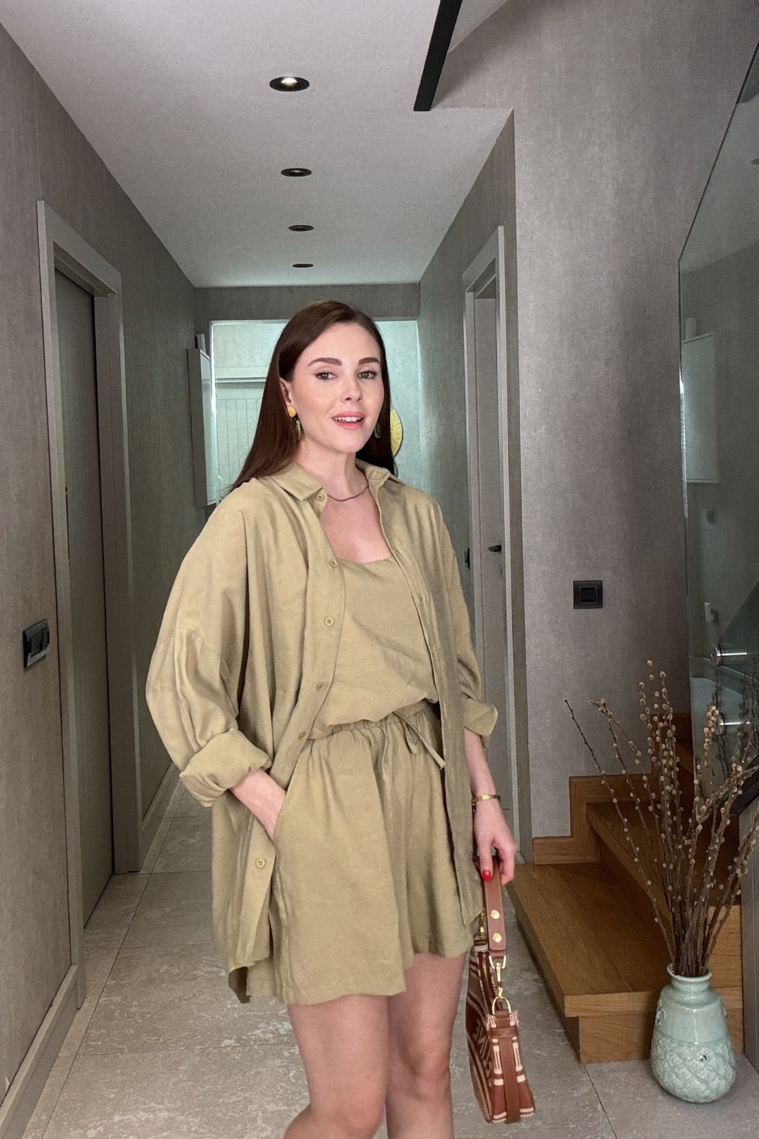 Yeşil Liosel Şort Bluz Gömlek Takım