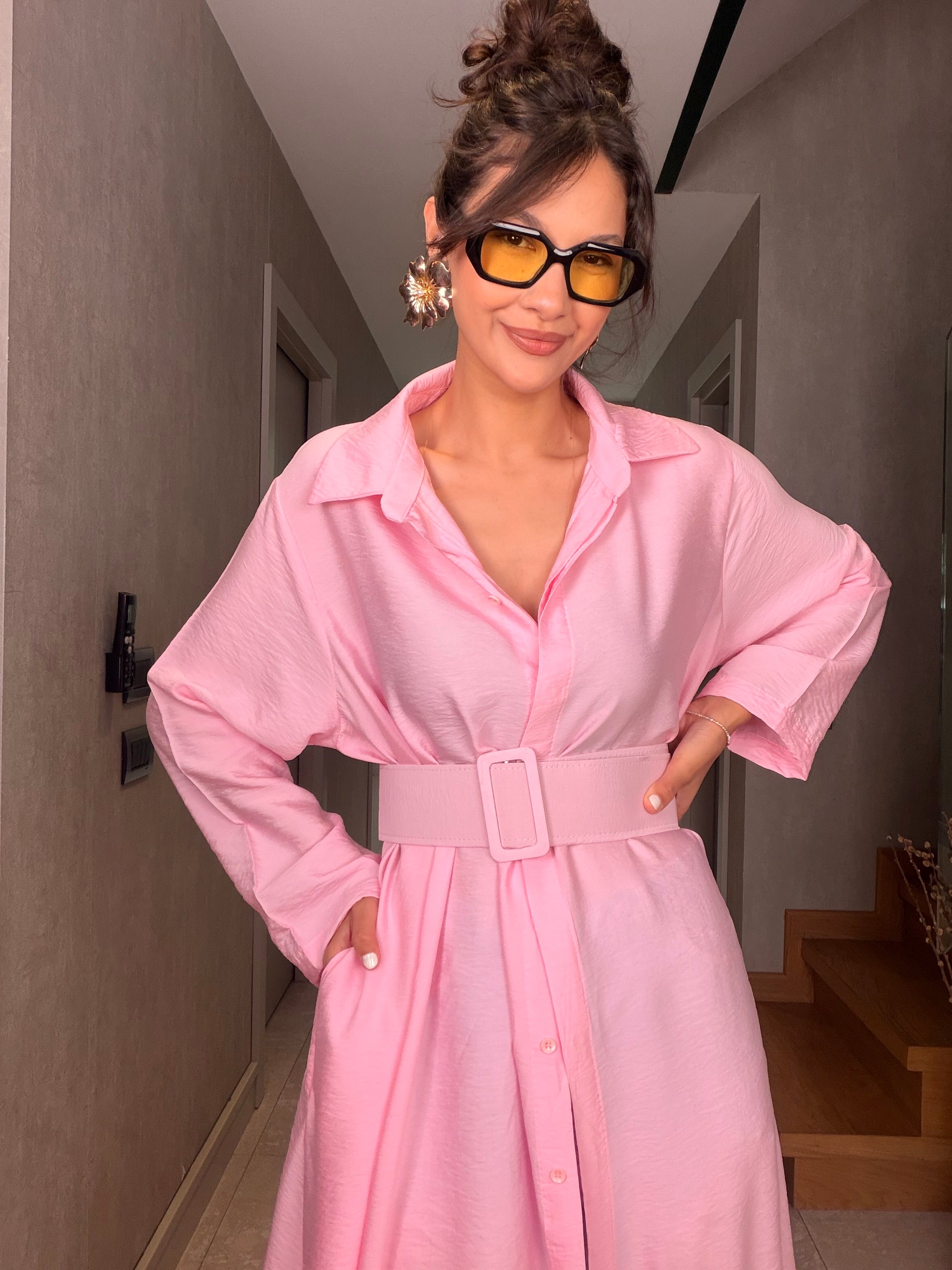 Pembe Çizgili İthal Maxi Elbise