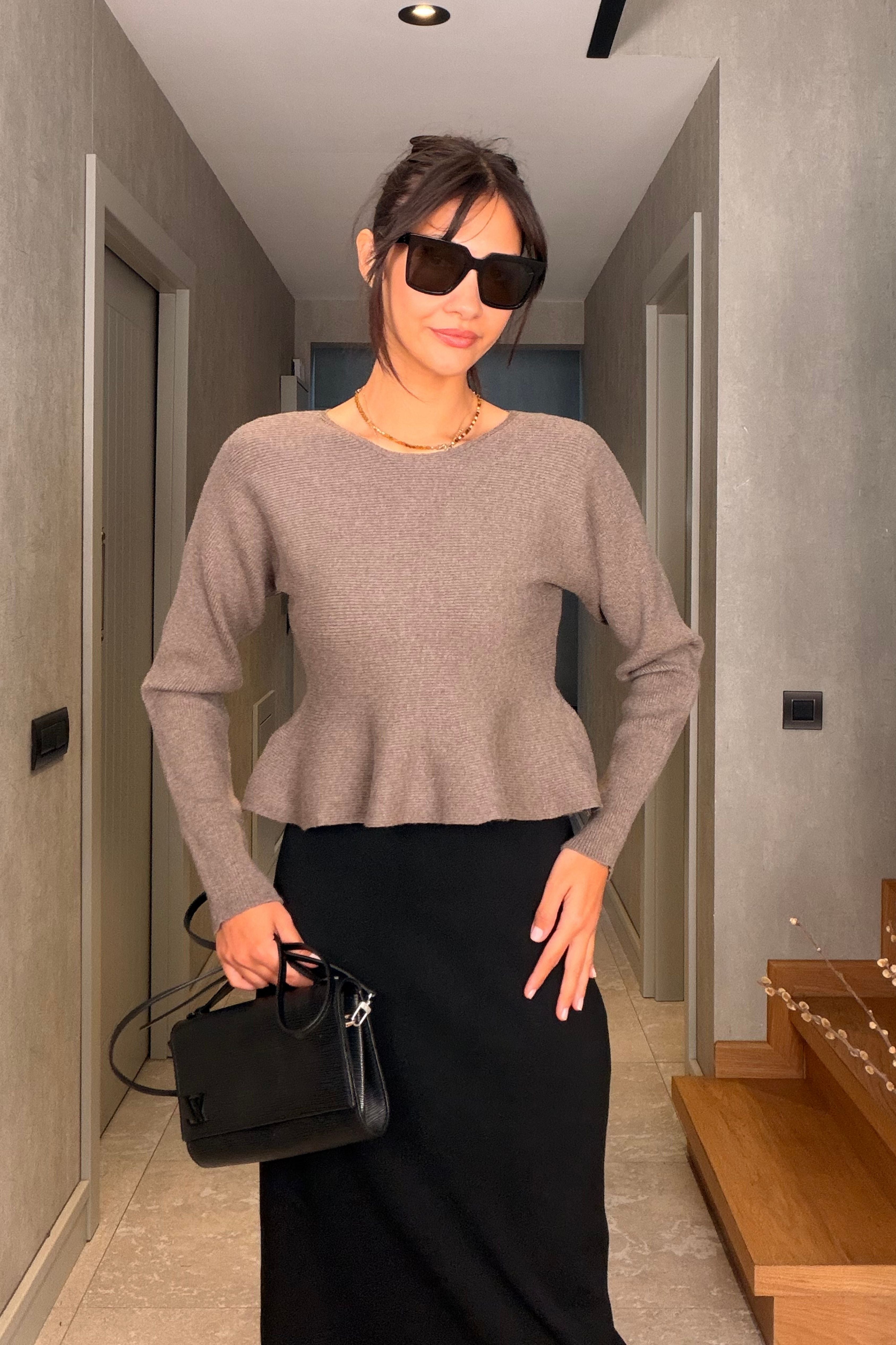 Vizon Volanlı Fitilli Crop Triko Kazak
