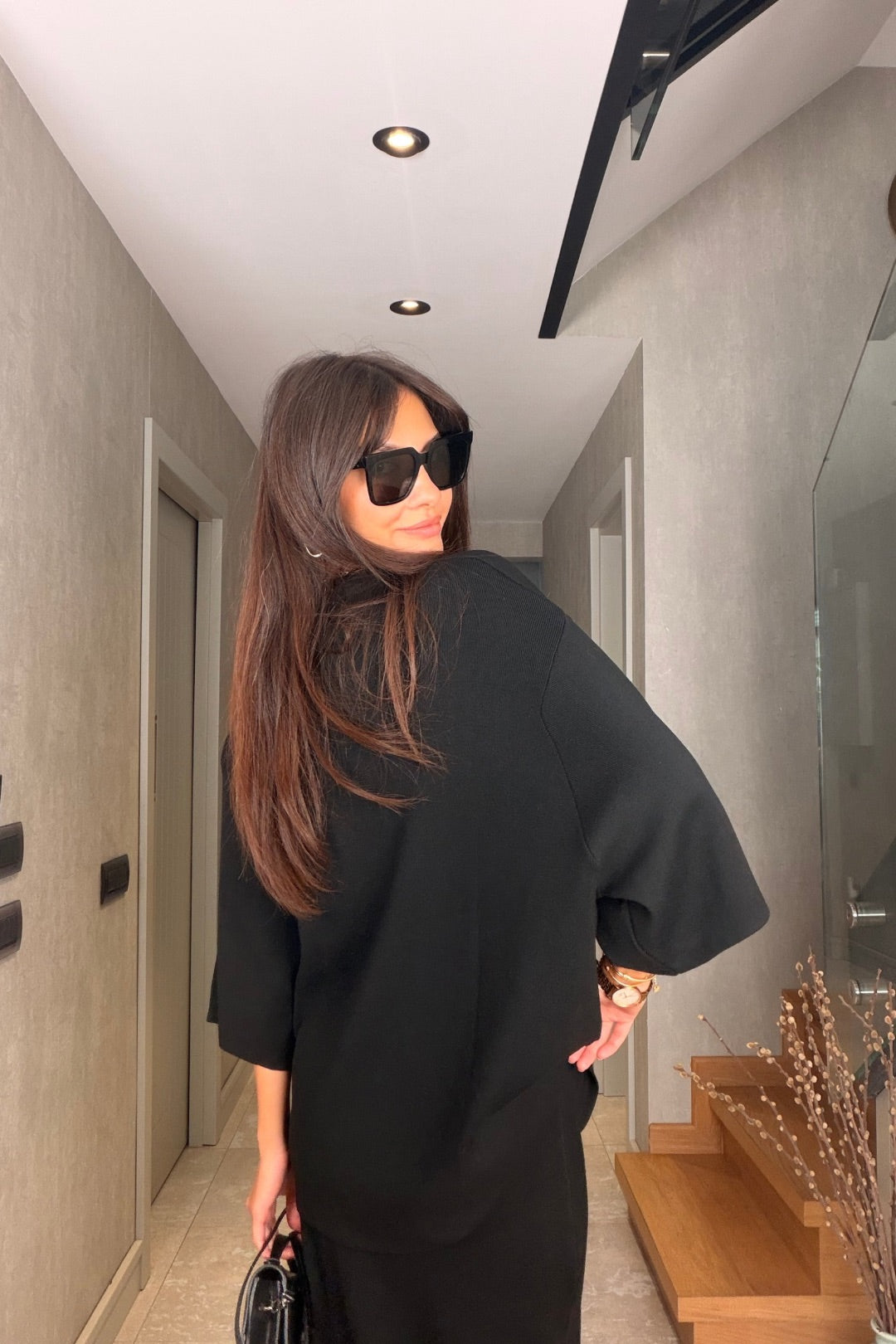 Siyah Oversize Triko Kazak Midi Etek Takım