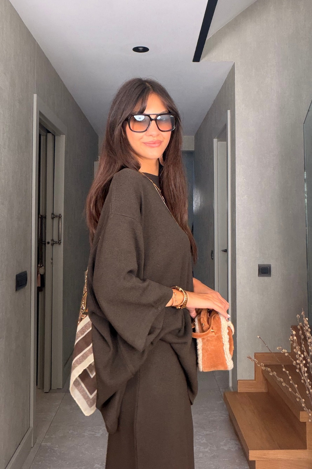 Kahverengi Oversize Triko Kazak Midi Etek Takım