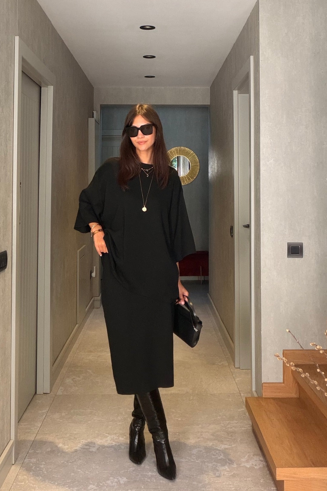 Siyah Oversize Triko Kazak Midi Etek Takım