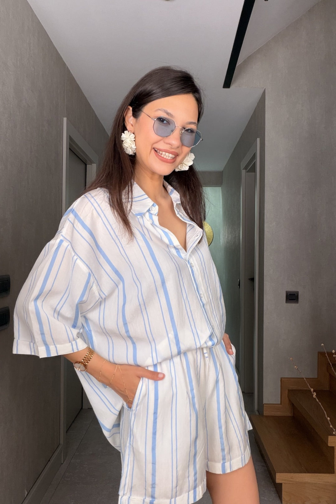 Bebe Mavi Çizgili Şort Takım