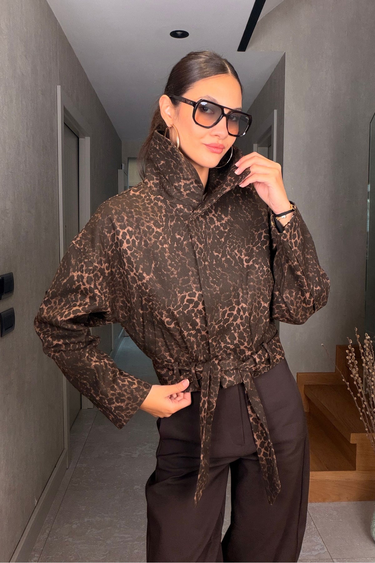 Leopar Desen Gabardin Ceket