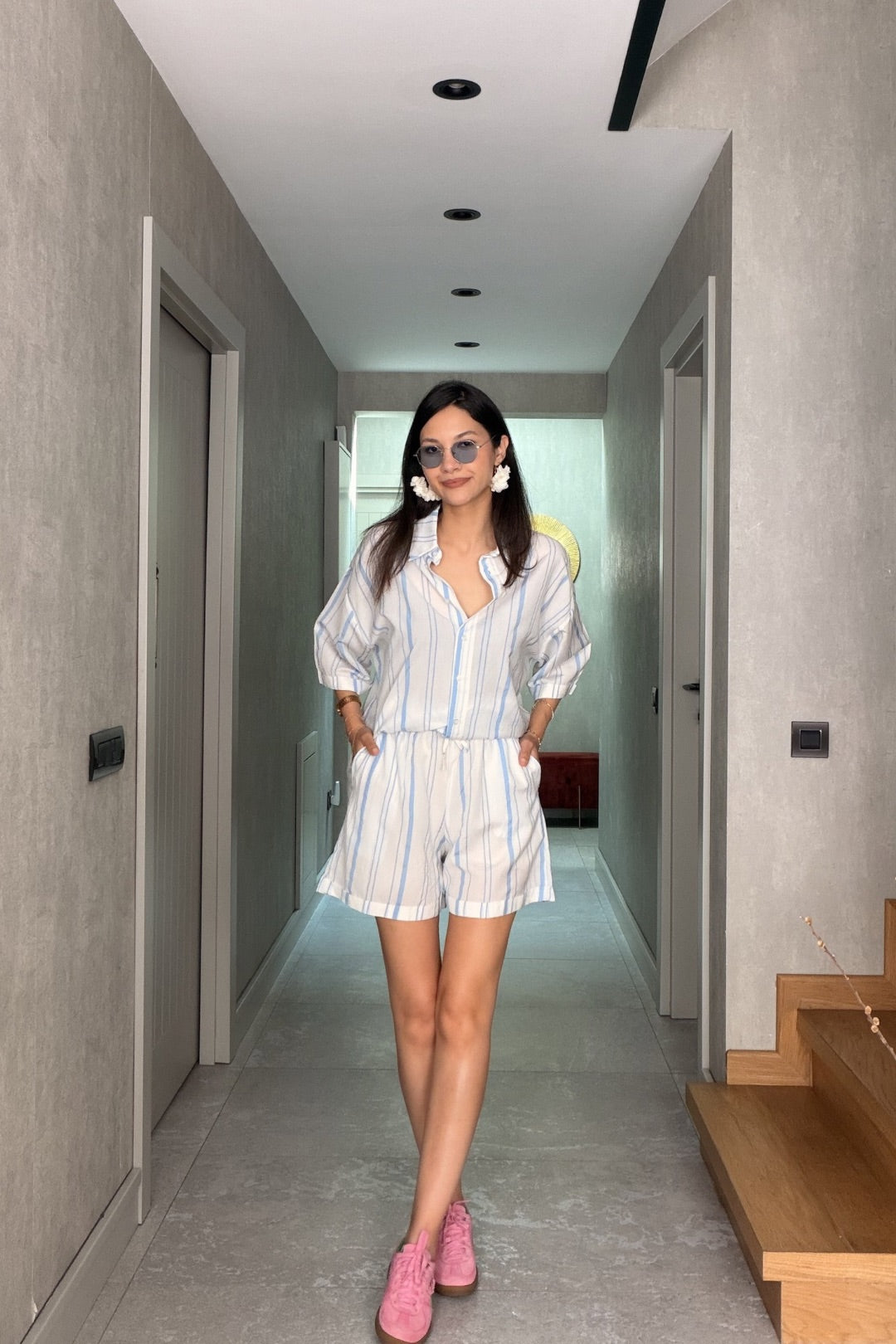 Bebe Mavi Çizgili Şort Takım