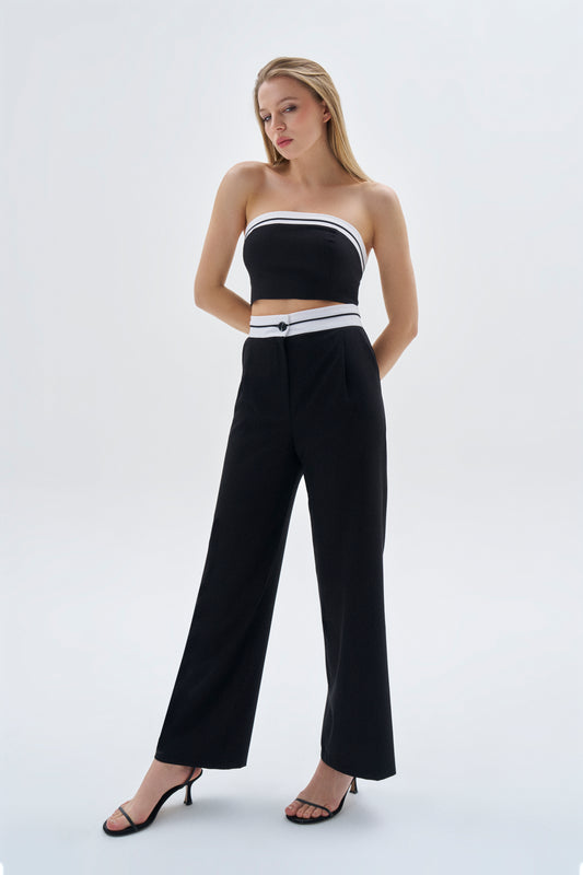 Siyah Kontrast  Kumaş Detaylı Crop Pantolon Takım