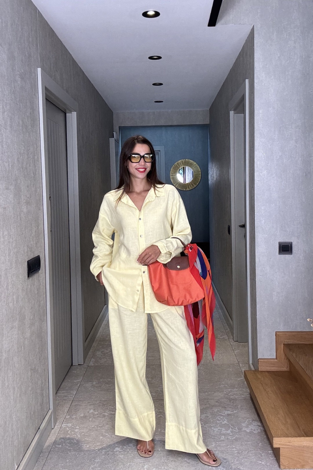 Sarı Keten Pantolon Gömlek Takım