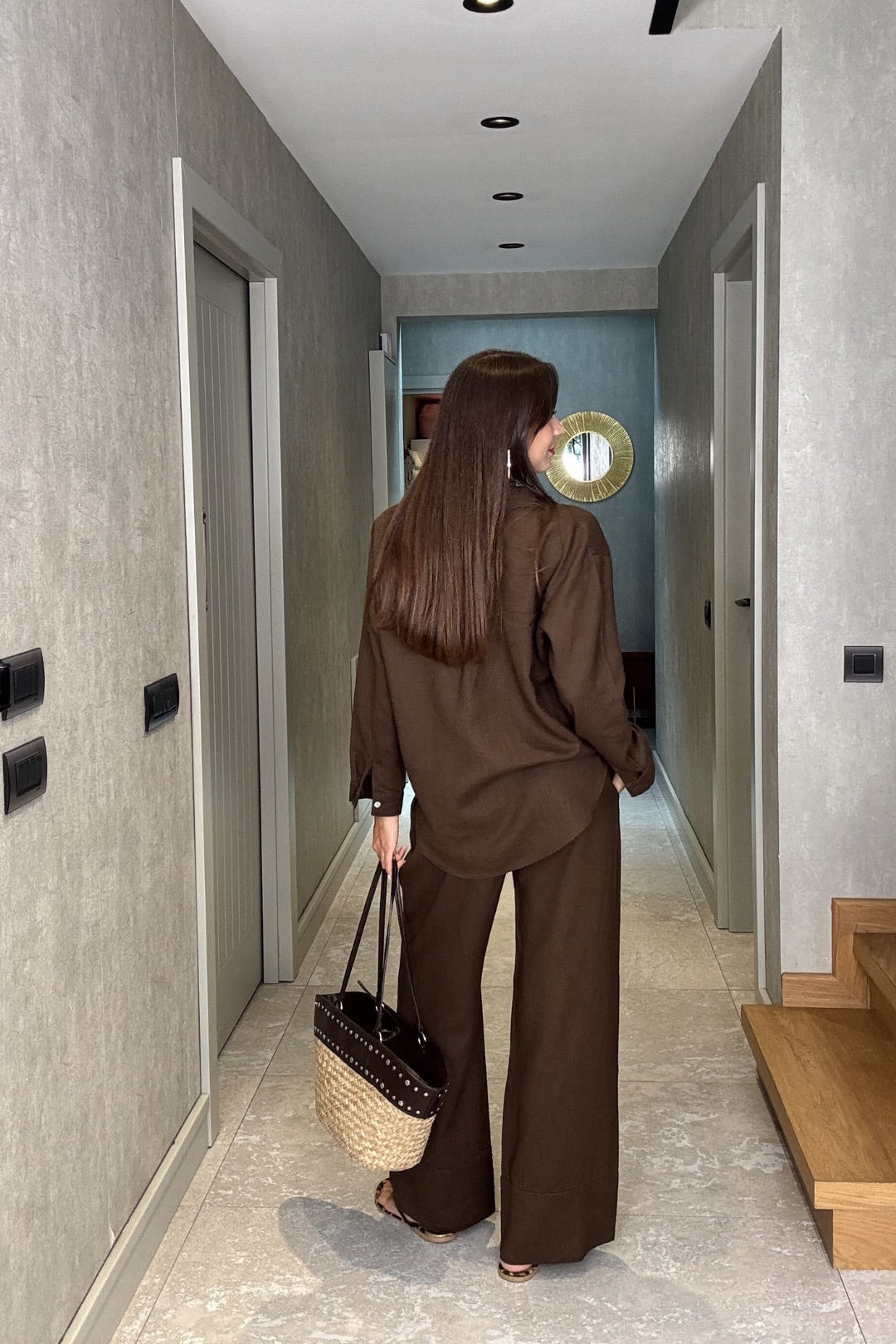 Kahverengi Keten Pantolon Gömlek Takım
