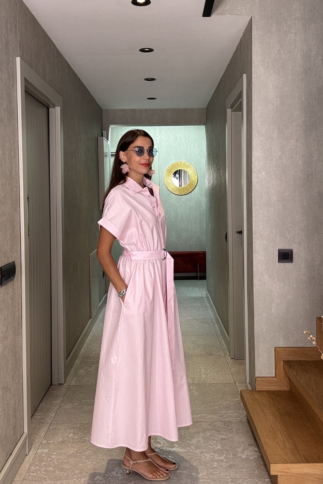 Pembe Beli Büzgülü Kemerli Elbise