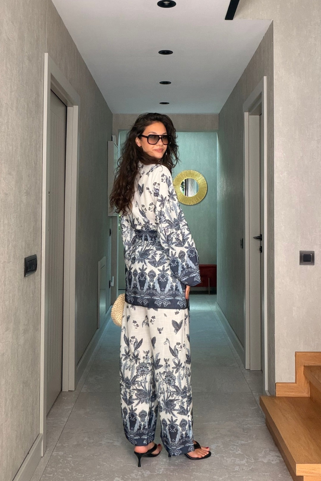 Mavi Desenli Kimono Takım