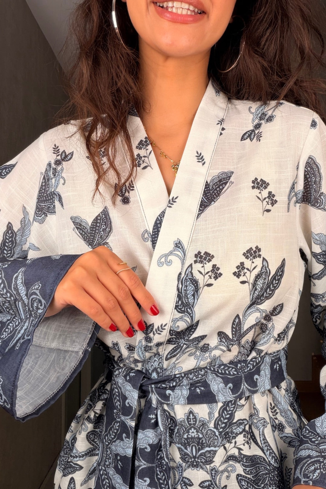 Mavi Desenli Kimono Takım