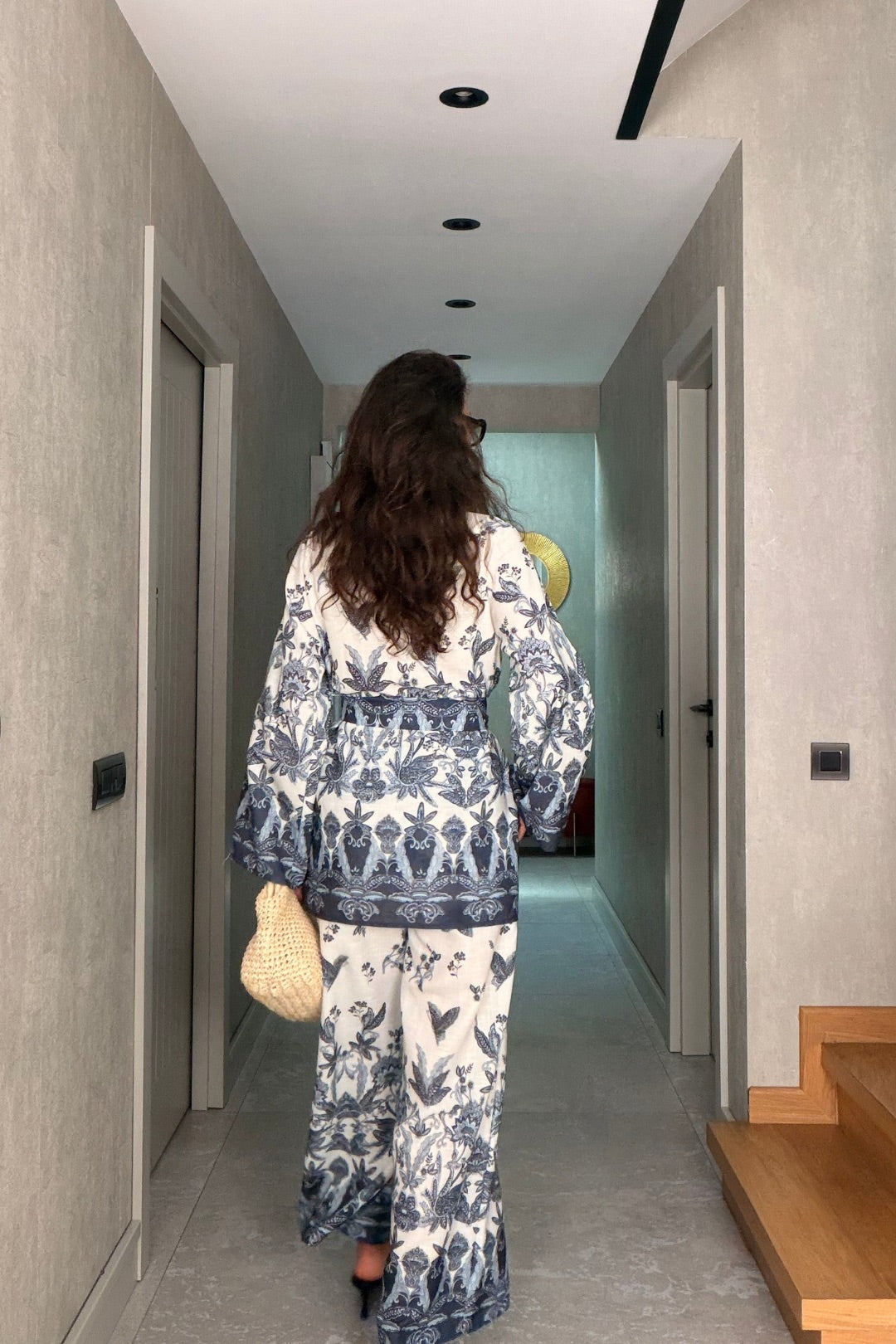 Mavi Desenli Kimono Takım