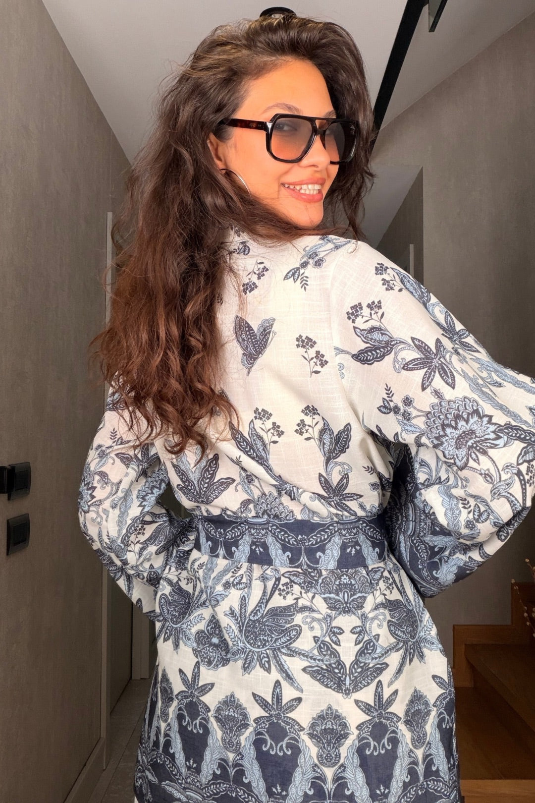 Mavi Desenli Kimono Takım