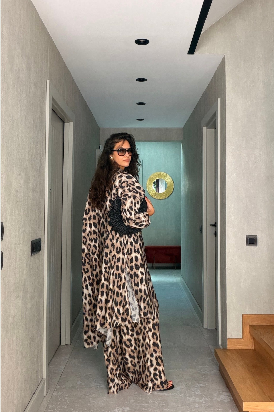 Leopar Desenli Pantolon Kimono Takım