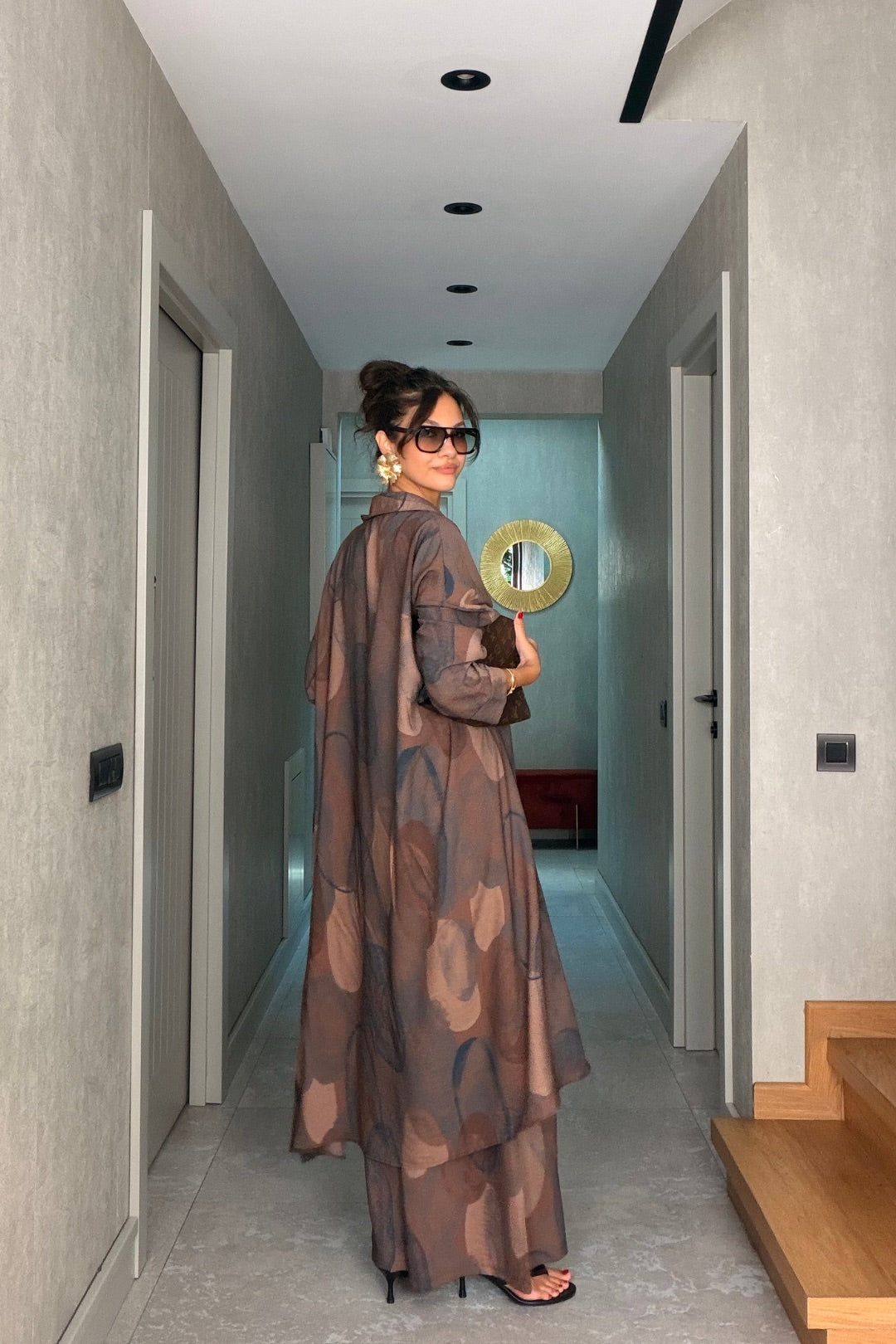 Kahverengi Desenli Pantolon Kimono Takım