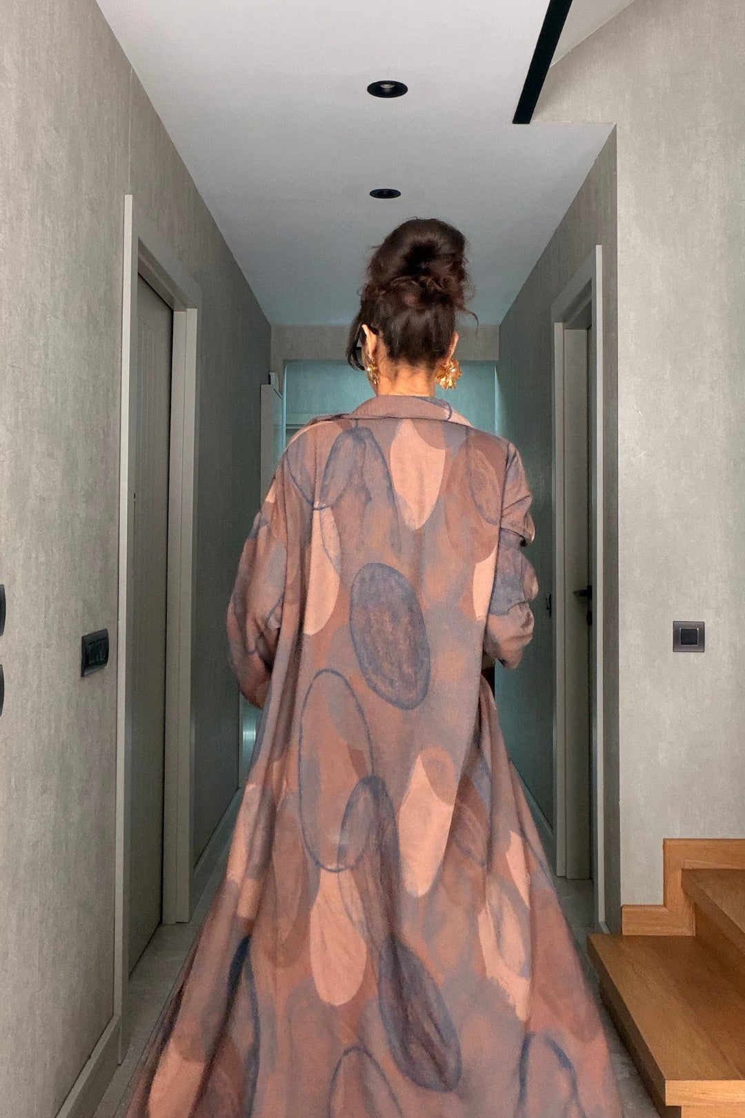 Kahverengi Desenli Pantolon Kimono Takım