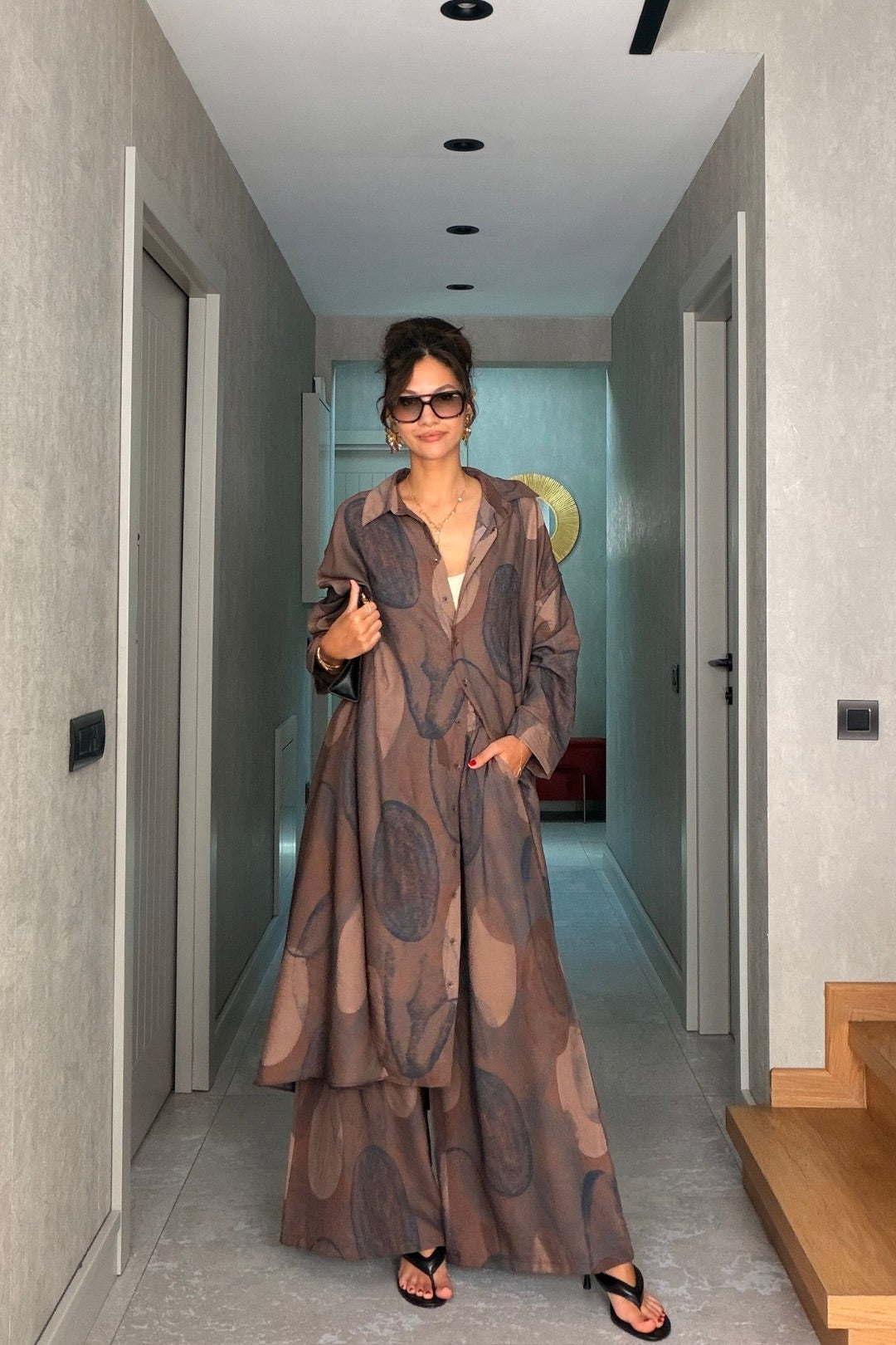Kahverengi Desenli Pantolon Kimono Takım