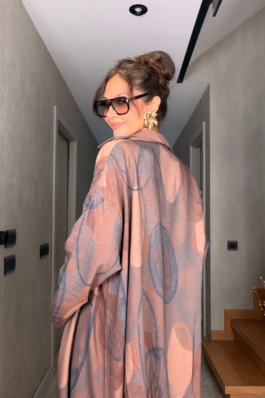 Kahverengi Desenli Pantolon Kimono Takım