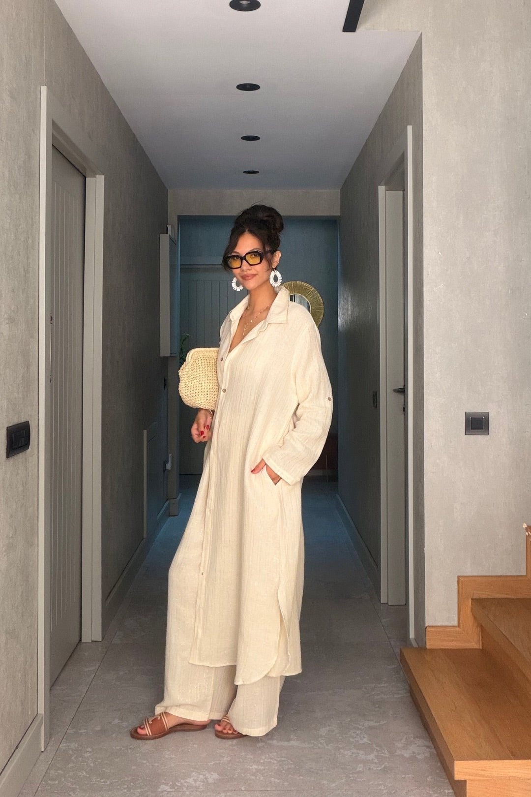 Bej Simli Pantolon Kimono Takım