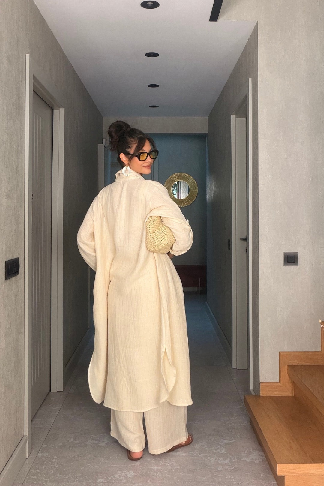 Bej Simli Pantolon Kimono Takım