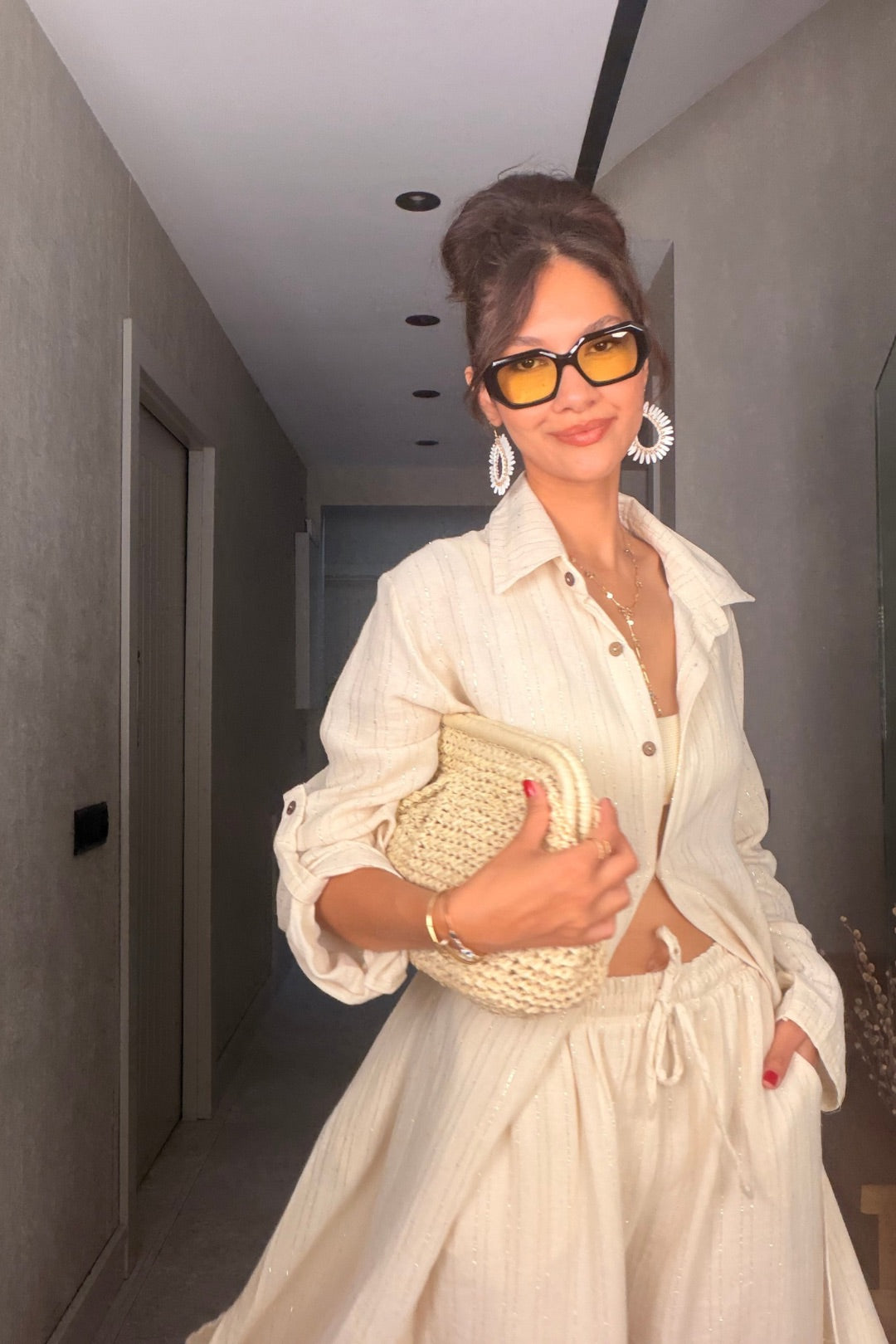 Bej Simli Pantolon Kimono Takım