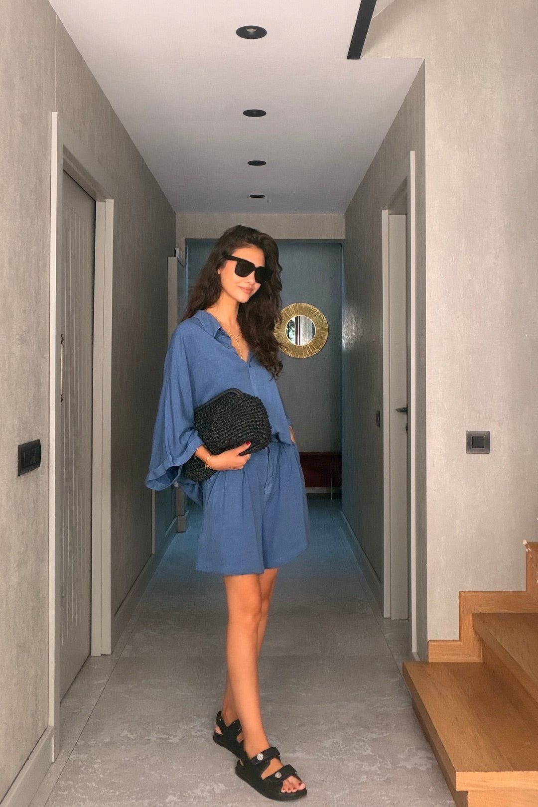 İndigo Tensel Şortlu Oversize Takım