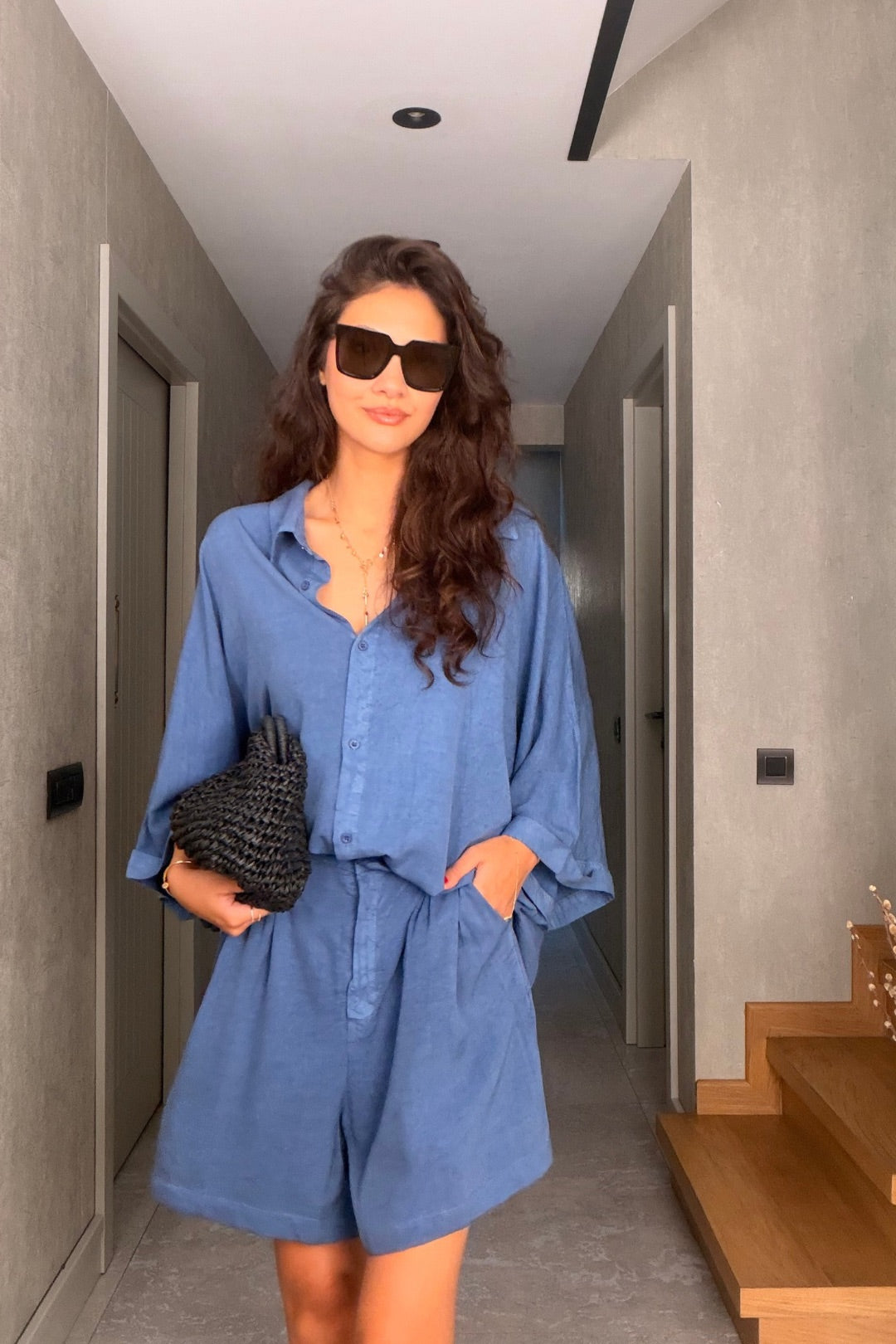 İndigo Tensel Şortlu Oversize Takım