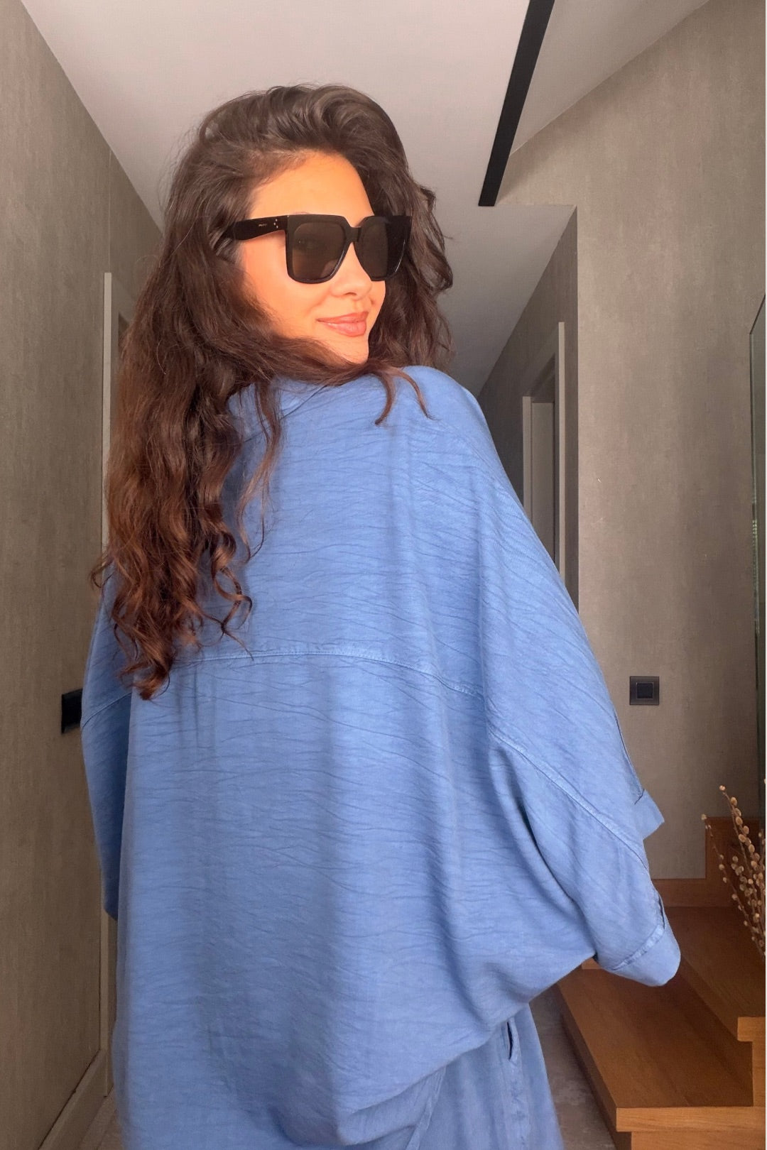 İndigo Tensel Şortlu Oversize Takım