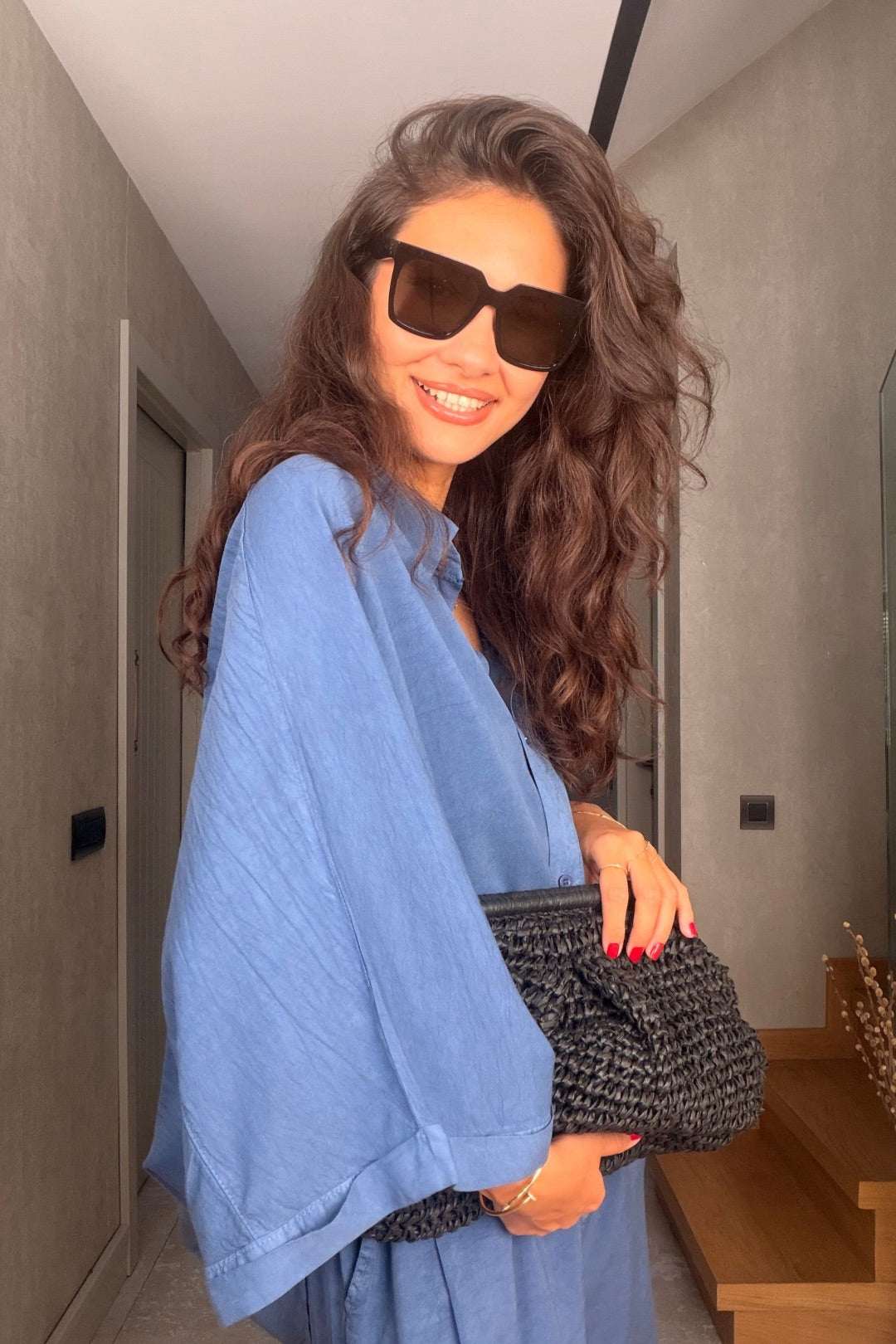 İndigo Tensel Şortlu Oversize Takım