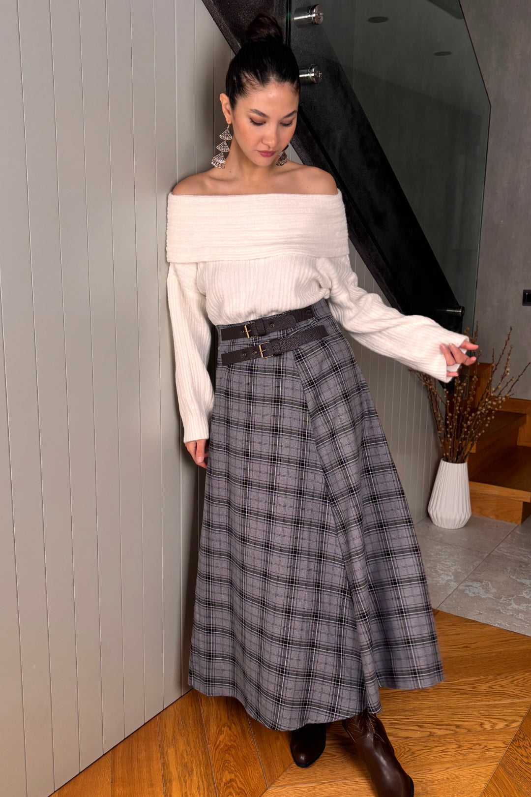 Antrasit Ekose Yırtmaçlı  Etek