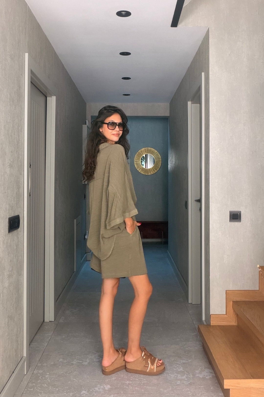 Haki Tensel Şortlu Oversize Takım