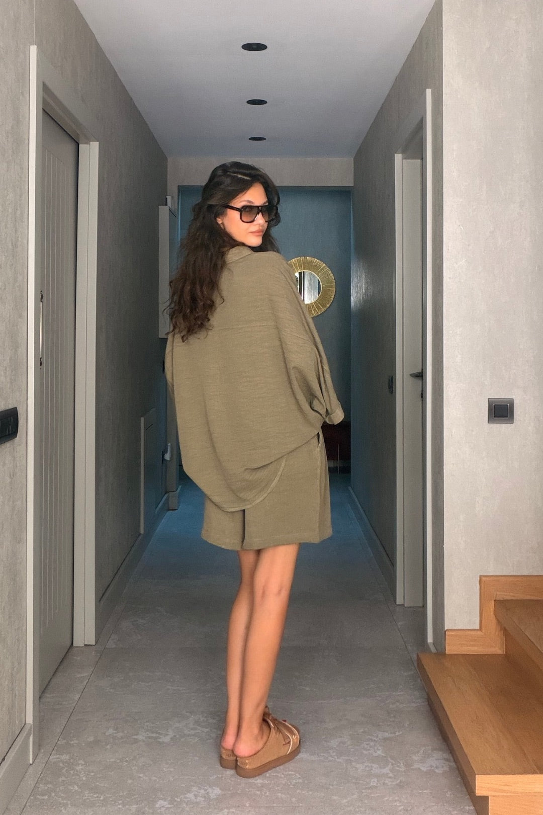 Haki Tensel Şortlu Oversize Takım