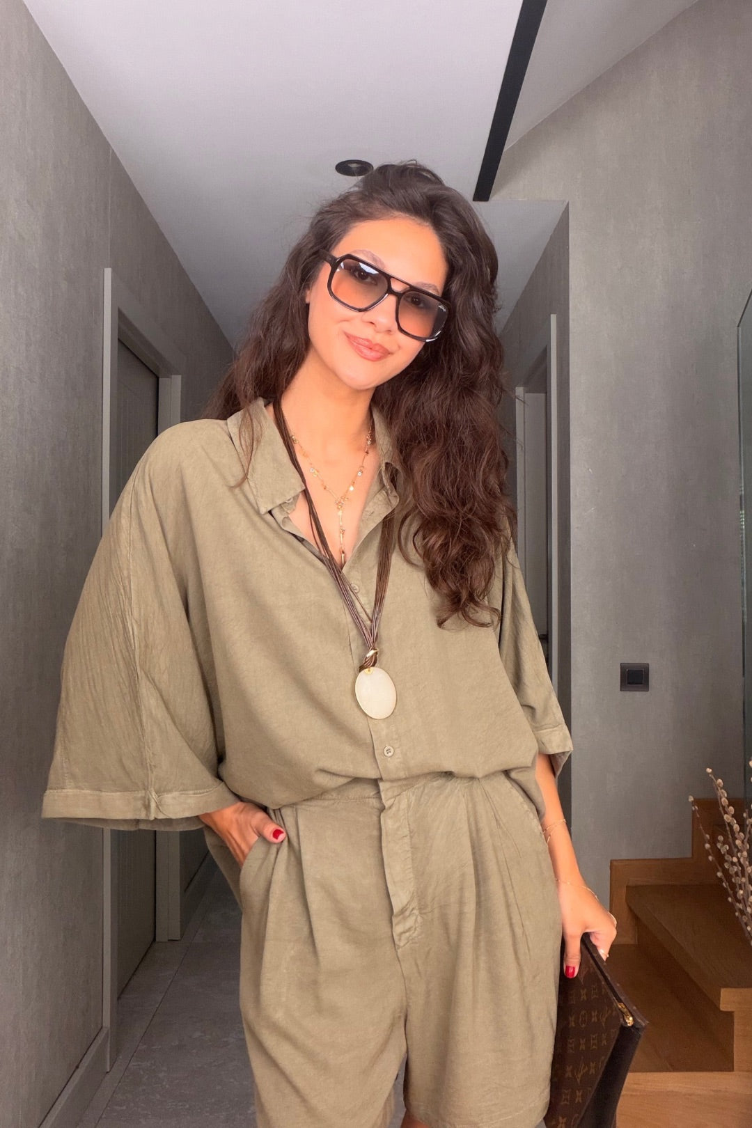 Haki Tensel Şortlu Oversize Takım