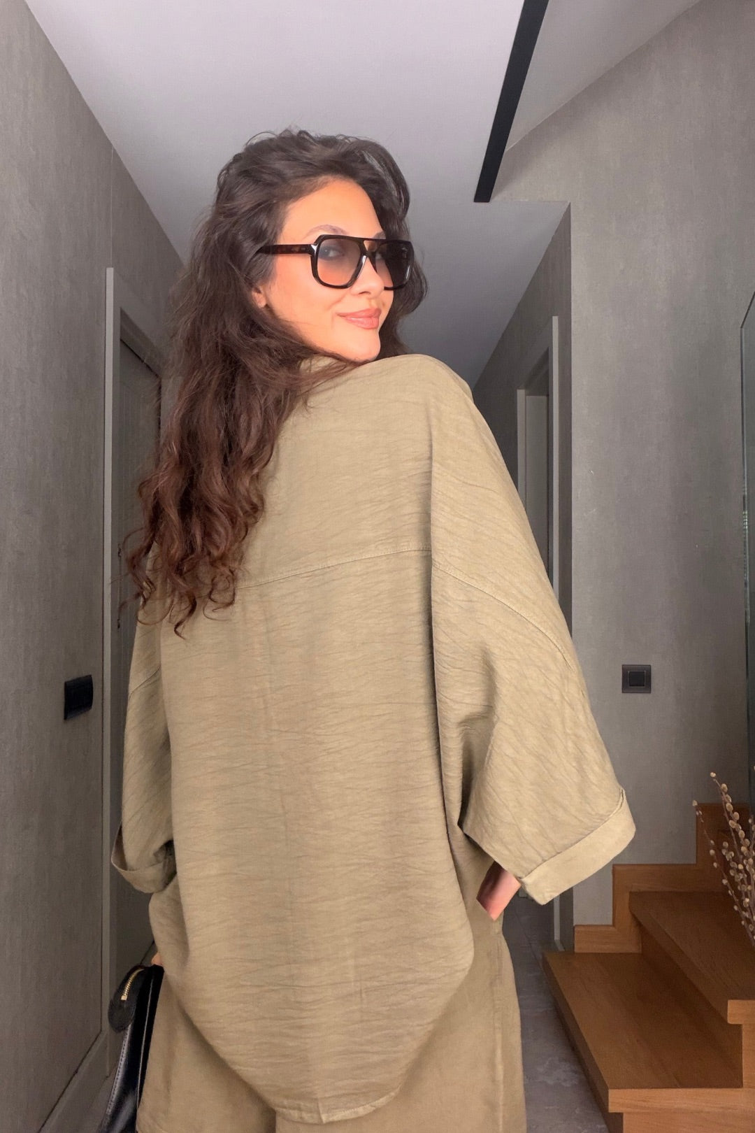 Haki Tensel Şortlu Oversize Takım